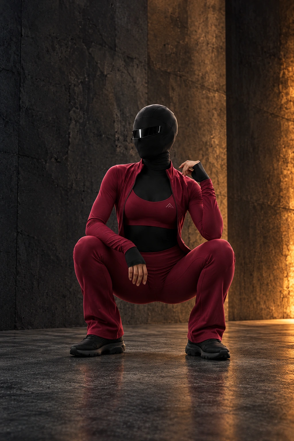 Masked athlete in a burgundy three-piece training suit holding a low squat in a warm concrete studio